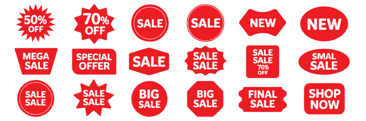 Set of Red Sale and New Product Announcement Stickers and Labels Keywords: sale, new, discount, offer, promotion, shopping, retail, marketing, announcement, sticker, label, tag
