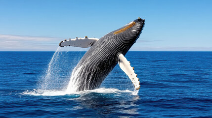 Fototapeta premium Humpback whale breaching at surface, showcasing its majestic form and splashing water