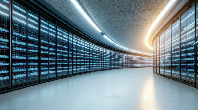 Futuristic data center with illuminated server racks and sleek architecture