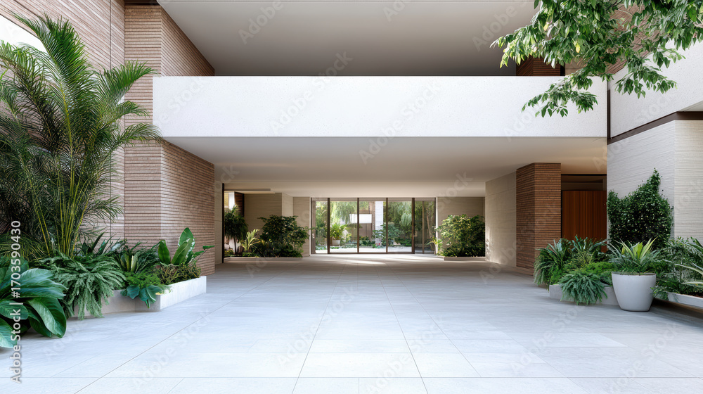 Poster modern courtyard design features lush greenery and sleek architecture, creating serene