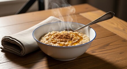 Steaming hot bowl of oatmeal porridge with cinnamon on a rustic wooden table for a cozy breakfast.