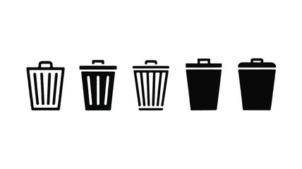 Set of Five Black Silhouette Icons of Different Trash Cans on White Background garbage waste
