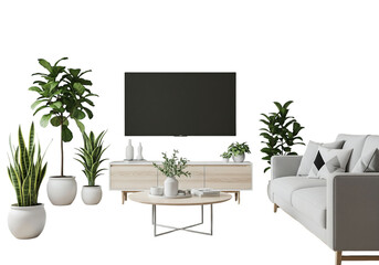 Interior design with sofa, TV, plants, and coffee table.