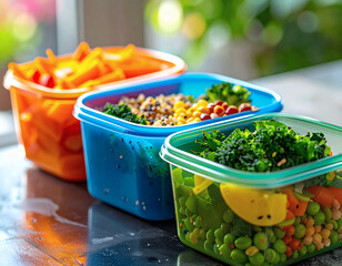 Meal prep containers filled with fresh vegetables and grains, promoting healthy eating and organization for a balanced lifestyle