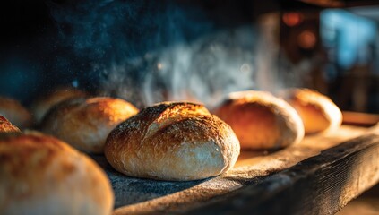 Freshly baked loaves of bread steaming from a bakery oven