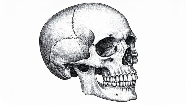 Detailed Anatomical Skull Depiction Black and White Cranial Structure with Scientific Accuracy