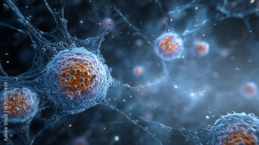 Poster microscopic view of cells interconnected with filaments a detailed visualization of cellular structu