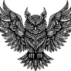 Obraz premium Mystical Owl: An artistic illustration of an owl, with its wings spread wide, showcasing intricate patterns, adding a sense of mystique and elegance.
