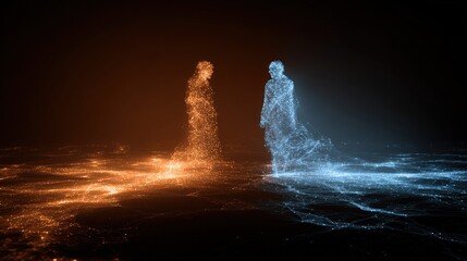 polarity. Abstract magnetic forces between two silhouettes, with glowing particles showing attraction. public awareness campaigns.