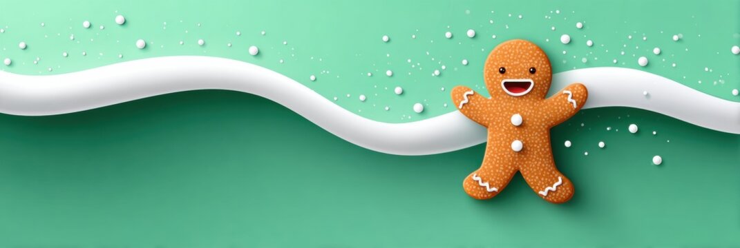 Cheerful Gingerbread Man With White Icing Decoration on a Festive Green Background During the Holiday Season