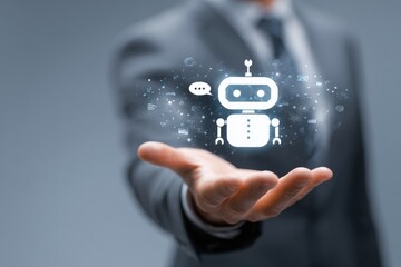 Businessman holding a holographic robot
