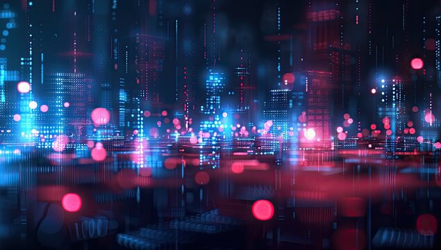 Futuristic cityscape at night, rendered in vibrant blues and reds, with glowing lights and digital elements suggesting a technological or data-driven environment