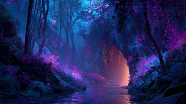 Mystical Dimension Portal in Enchanted Forest with Bioluminescent Vegetation and Magical Aura, Surreal Fantasy Scene