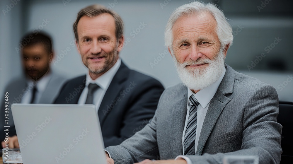 Aufkleber two men in suits are sitting at a table with a laptop in front of them. one of the men has a beard a