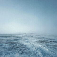 Obraz premium A vast, snow-covered expanse stretches to a hazy horizon under a pale sky, a barely visible path winding through the frozen landscape