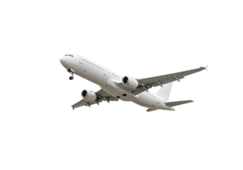 Airliner taking off against a bright white background, ready for travel
