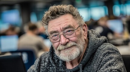 A man with a beard and glasses is smiling at the camera. He is wearing a black hoodie and a gray sweater