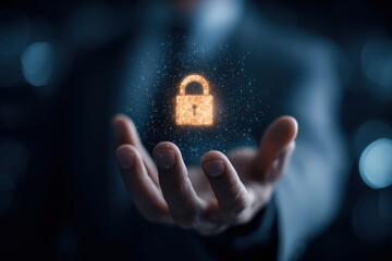 A hand holds a glowing padlock symbol