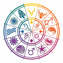 Vector art of astrology wheel featuring zodiac signs, planets, and elements in a colorful circular design, perfect for astrology enthusiasts and spiritual seekers