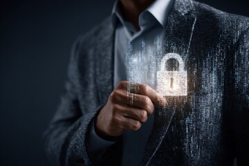 Businessman holding a digital lock