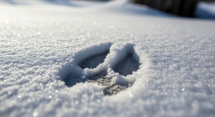 Detailed close-up of a single deer track in freshly fallen snow, with sparkling ice crystals and a blurred background showing signs of winter nature