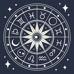 Vector art of zodiac wheel astrological chart with signs of the zodiac horoscope circle with symbols vector illustration of astrology wheel with zodiac signs and stars on dark background