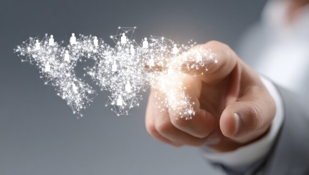 A hand points to a global network overlayed on a world map