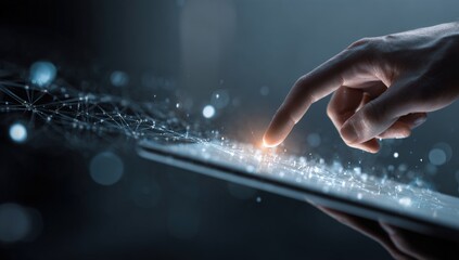 A hand touches a tablet screen, surrounded by digital connections