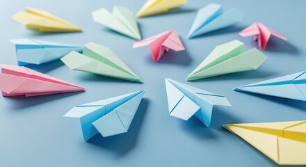 Pastel Paper Airplanes on Light Blue Background, Childhood Dream