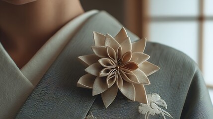 Close up of a beige flower brooch pinned on a gray kimono with decorative embroidery details visible