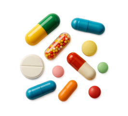 Various colorful pills and capsules isolated on transparent background