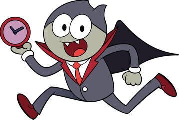 Funny cartoon vampire running late holding a clock with open mouth and exaggerated expression on vector