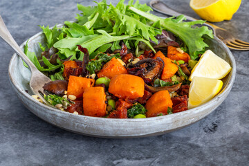 Warm roasted chorizo and sweet potato salad