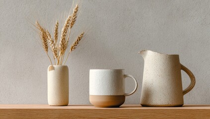 A minimalist still life featuring a beige mug, a matching pitcher, and a small vase with wheat stalks, all arranged on a light wood shelf against a neutral textured backdrop