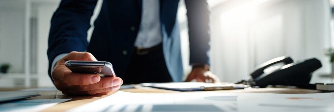 Businessman using smartphone at office desk - Powered by Adobe