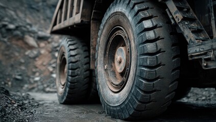 Close-up of large truck tires in quarry