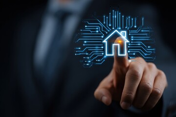 A businessman's finger touches a digital home icon overlaid with circuit board lines