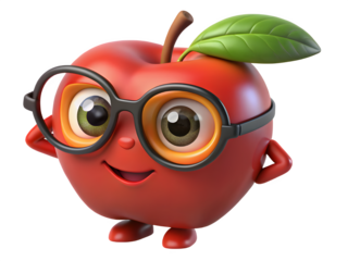 Cute cartoon apple character wearing glasses with a happy expression