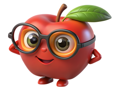 Cute cartoon apple character wearing glasses with a happy expression