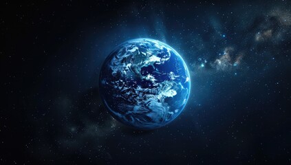 A digitally rendered Earth, illuminated, set against a dark, starry backdrop featuring nebulae.  The planet's continents and oceans are clearly visible