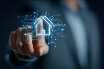 Hand touching a digital home icon