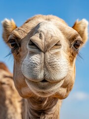 Close-up Portrait of a Camel with a Blue Sky Backdrop