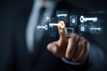 A hand interacts with a holographic key and security icons