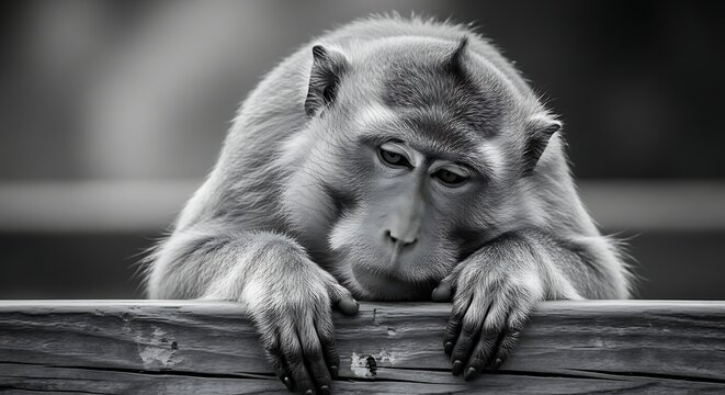 Monochrome image of a pensive monkey resting on a wooden fence, thoughtful expression.