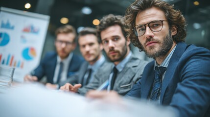 Proficient Business Team Discussing Financial Strategies at a Modern Meeting Room, Ideal for Presentations and Corporate Branding, Evoking Sense of Productivity and Collaboration.