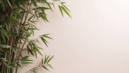 Fototapeta premium Pastel pink background with copyspace and green bamboo leaves aside, plant shadows on the wall. 