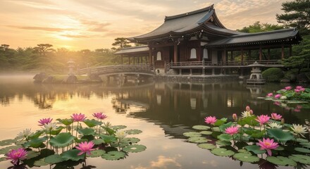 Obraz premium Serene Japanese Garden at Sunrise with Temple and Lotus Flowers