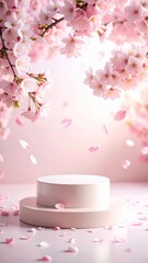 Pink Cherry Blossom Branches and Petals with White Display Stand on White Background