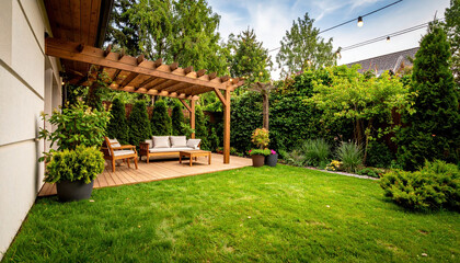 Cozy backyard patio with wooden pergola, cushioned seating, and lush green lawn surrounded by trees and shrubs under bright sky with string lights creating peaceful atmosphere