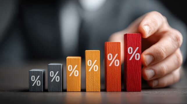 Businessman Showcasing Percentage Bar Graph Against Wooden Block, Ideal for Presentations and Data Visualization Projects, Evoking Professional Confidence. - Powered by Adobe